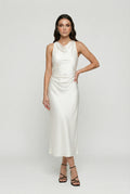 White cowl-neck ruched satin midi dress, sleeveless with draped neckline