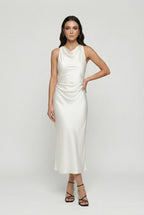 White cowl-neck ruched satin midi dress, sleeveless with draped neckline