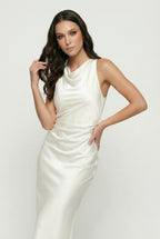 White satin midi dress with cowl neck and side ruched detailing, sleeveless