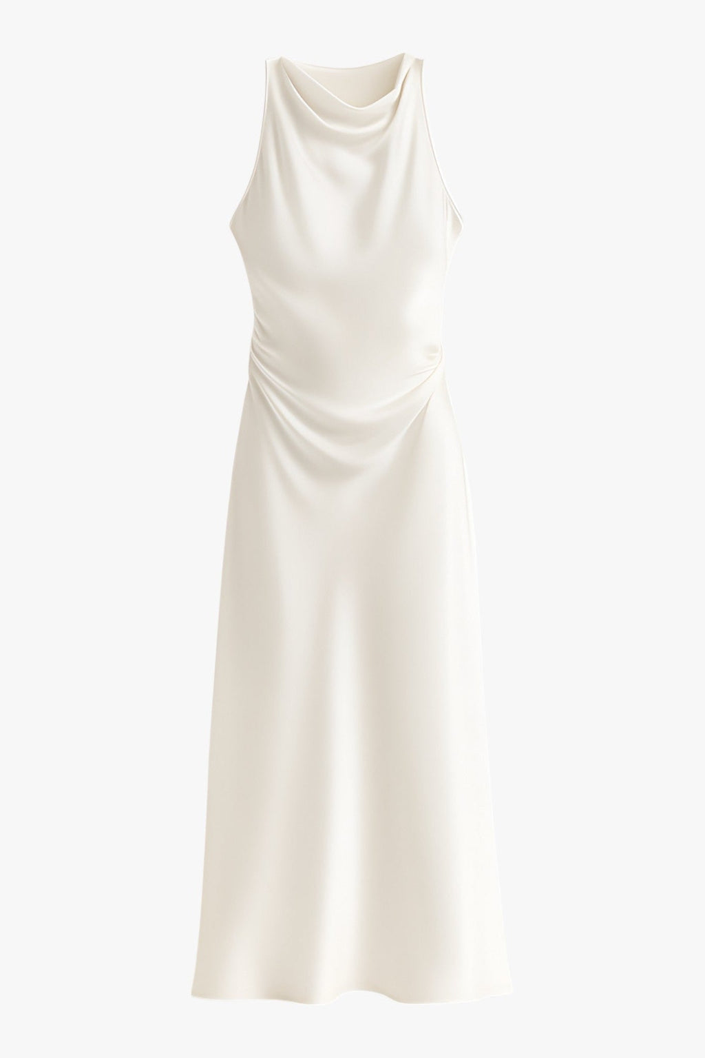 White sleeveless satin midi dress with draped cowl neck and ruched waist