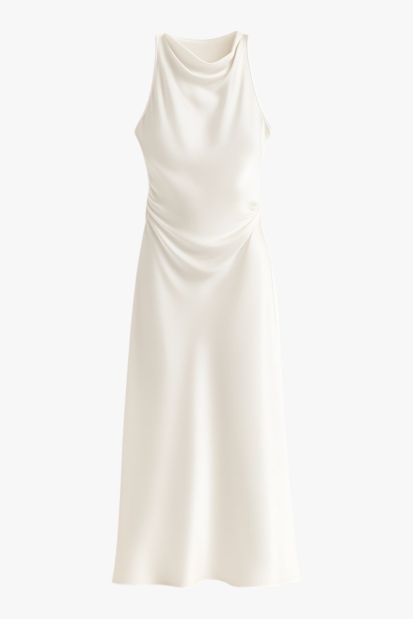 White sleeveless satin midi dress with draped cowl neck and ruched waist