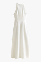 White sleeveless satin midi dress with ruched waist and draped cowl neckline
