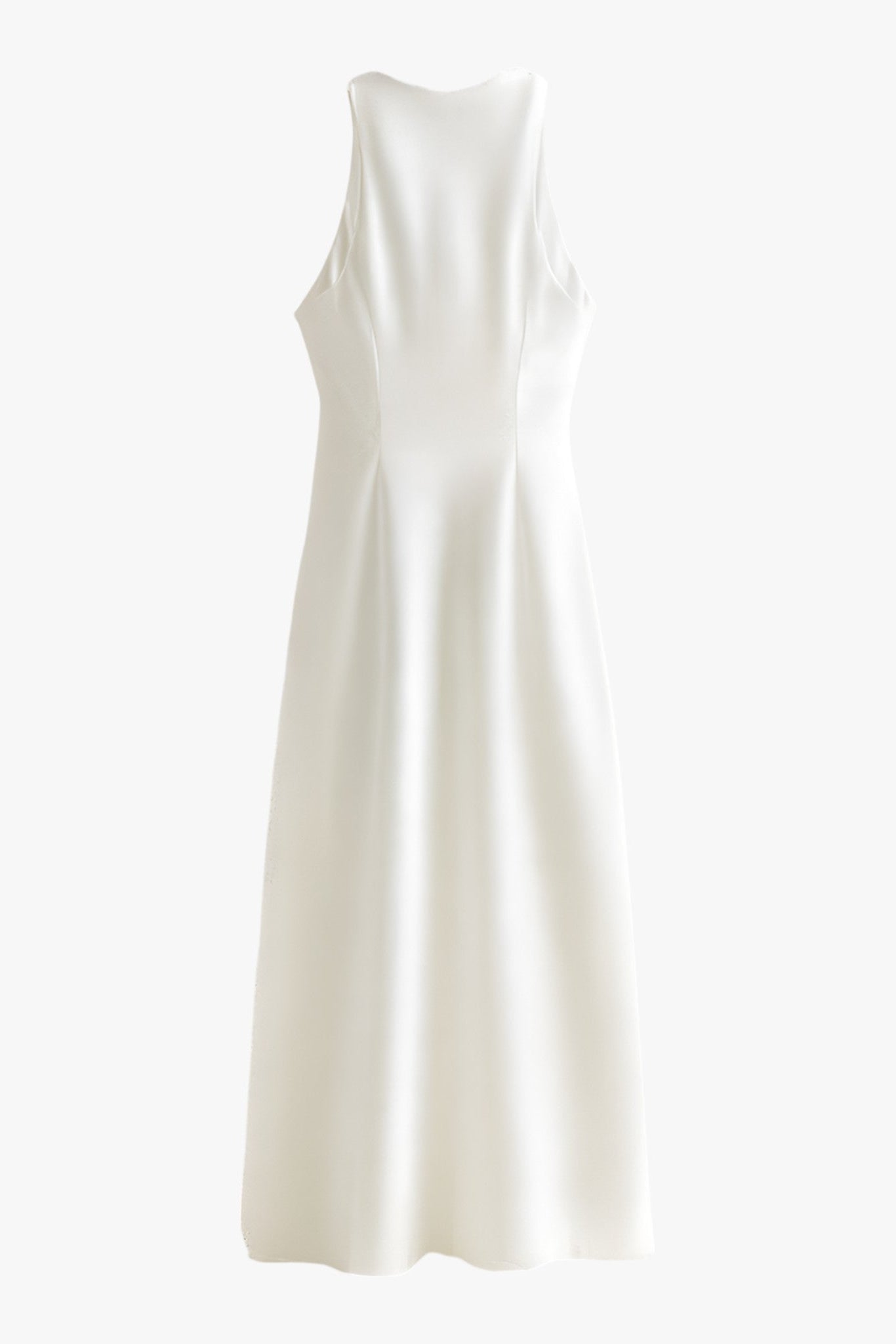 White sleeveless satin midi dress with ruched waist and draped cowl neckline