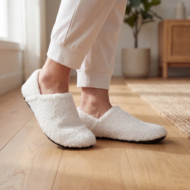 White plush slip-on barefoot slippers worn indoors, soft sherpa-style upper