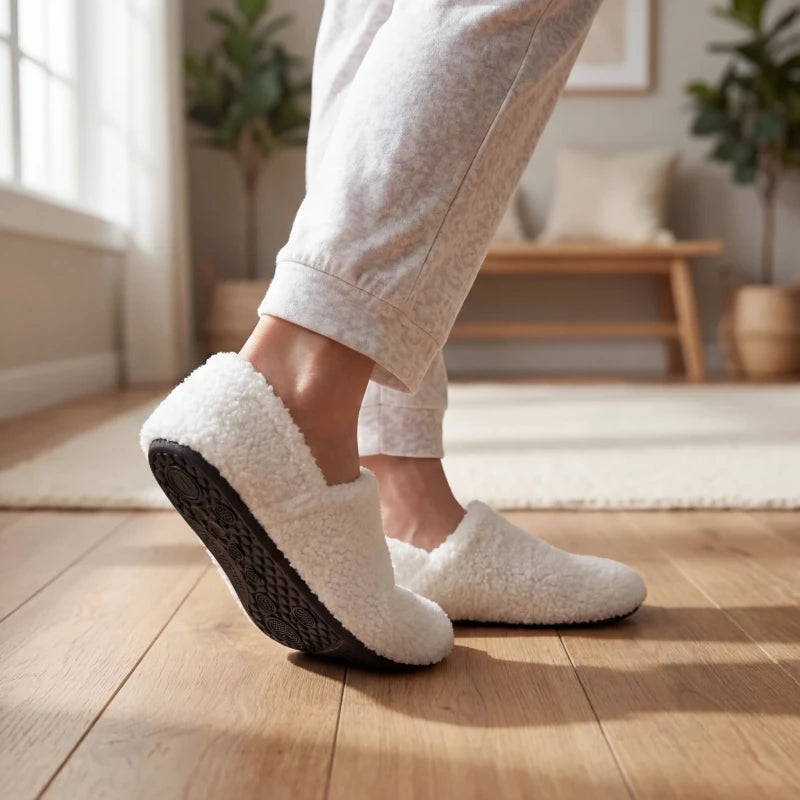 White cushioned slip-on barefoot slippers worn with dark rubber outsole showing