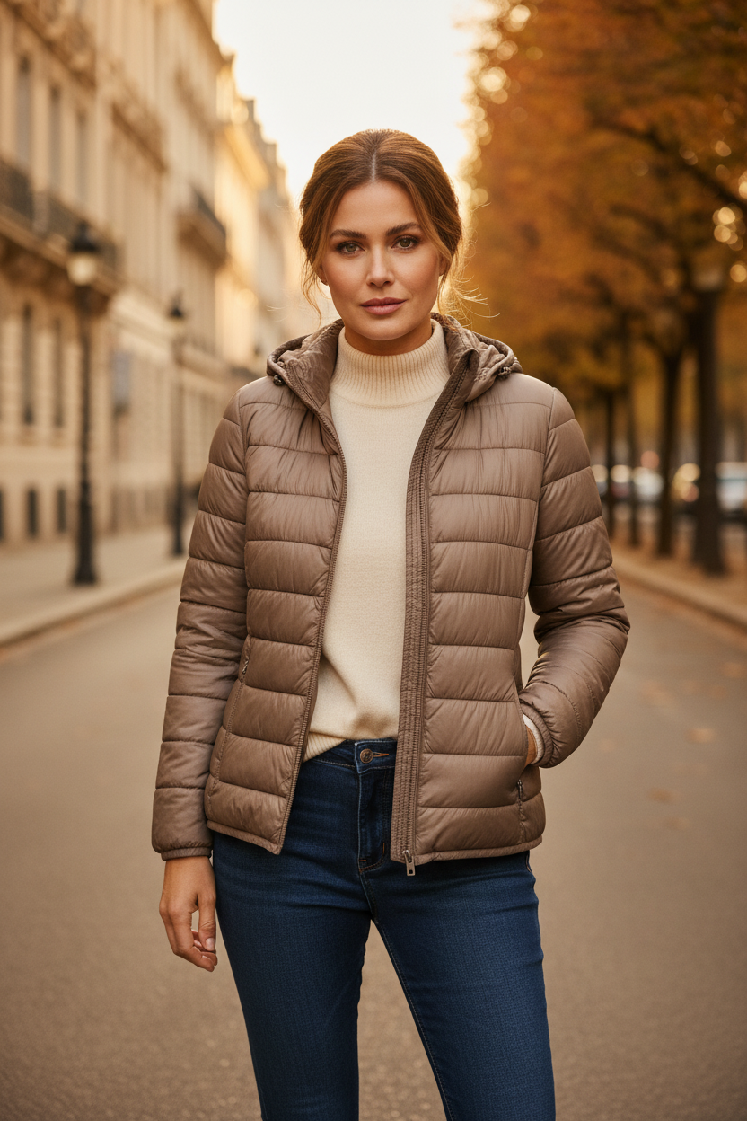 Ultra-light quilted jacket, khaki, full-zip with hood and ribbed cuffs