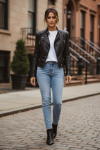Black leather moto jacket with asymmetrical zipper, snap collar, and zip pockets
