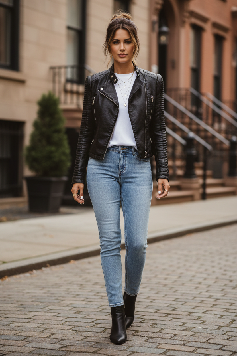 Black leather moto jacket with asymmetrical zipper, snap collar, and zip pockets