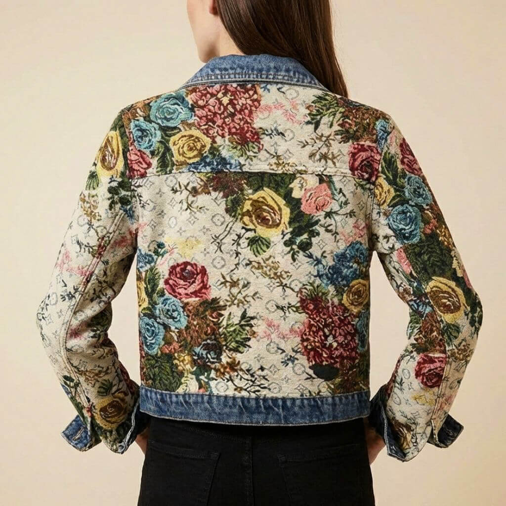 Floral patchwork denim jacket, back view, button-front, dark blue collar