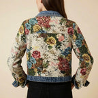 Floral patchwork denim jacket, back view, button-front, dark blue collar