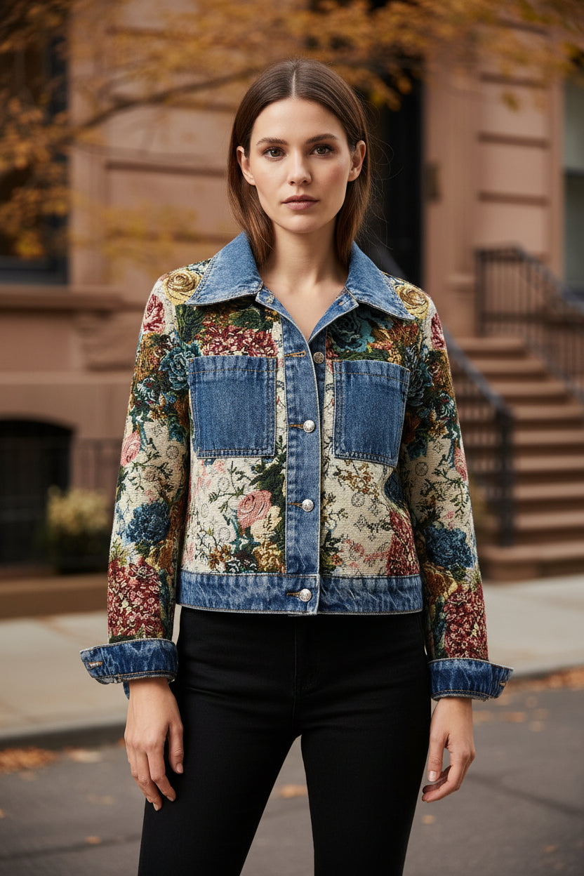 Floral patchwork denim jacket with button front, two chest pockets, long sleeves