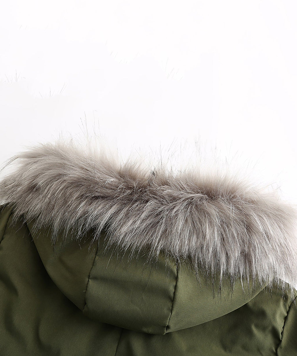Faux fur trimmed hood on olive green parka with quilted interior lining