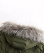 Faux fur trimmed hood on olive green parka with quilted interior lining