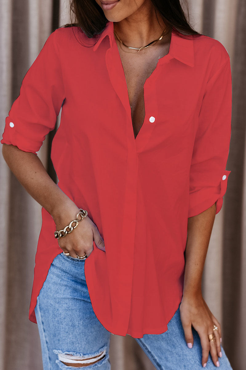 Red oversized button-up long sleeve shirt with V neckline and front buttons