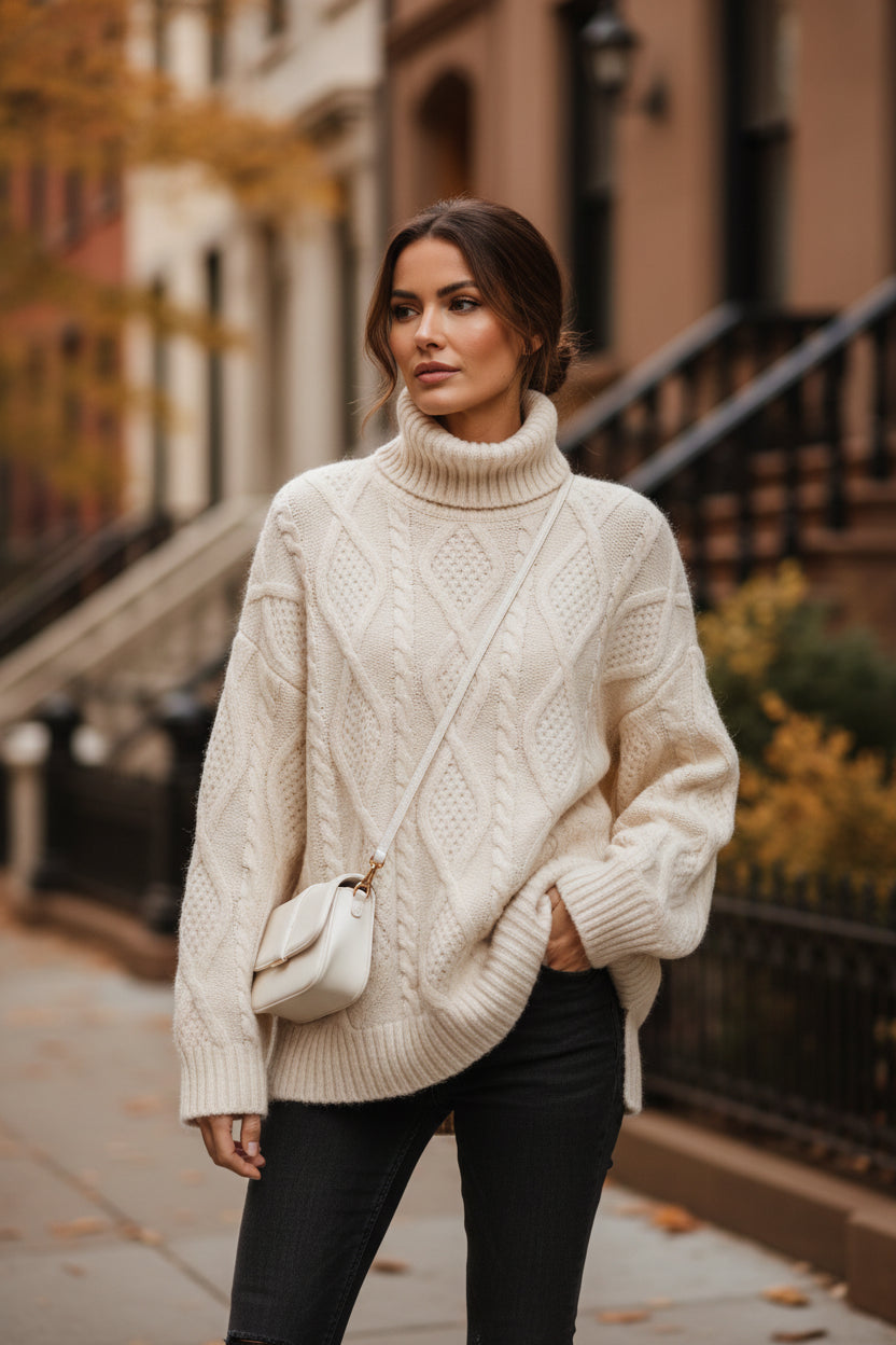 Cream cable-knit turtleneck sweater, relaxed fit, long sleeves, diamond texture