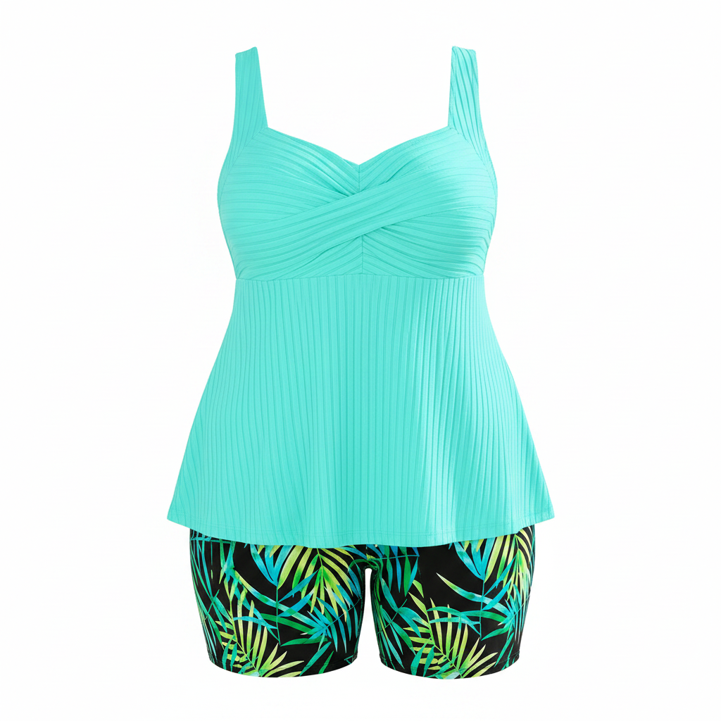 Plus size turquoise ribbed tankini set with V-neck crisscross and leaf-print shorts