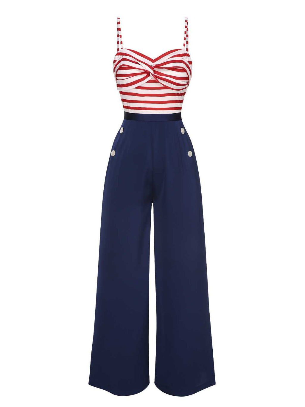 Dark blue wide-leg jumpsuit with red-and-white striped sweetheart bust and bow