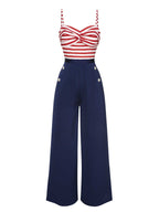 Dark blue wide-leg jumpsuit with red-and-white striped sweetheart bust and bow