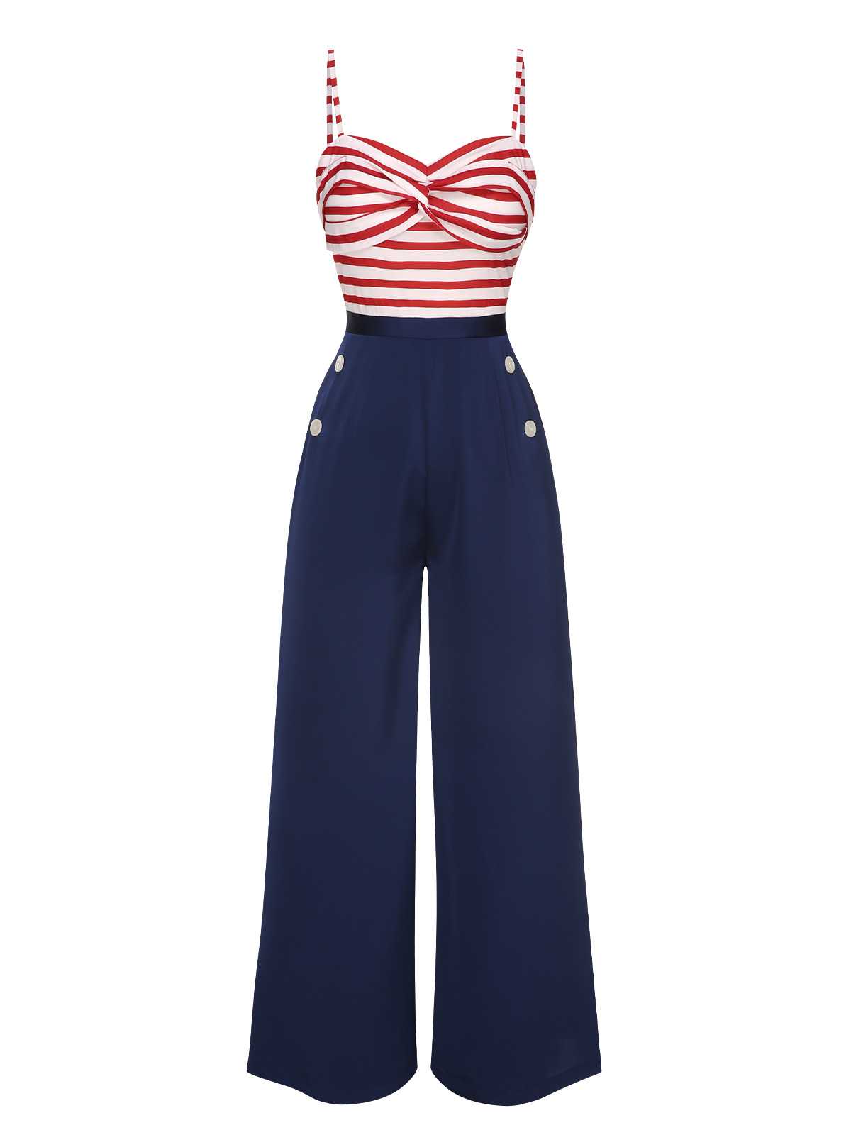 Dark blue wide-leg jumpsuit with red-and-white striped sweetheart bust and bow