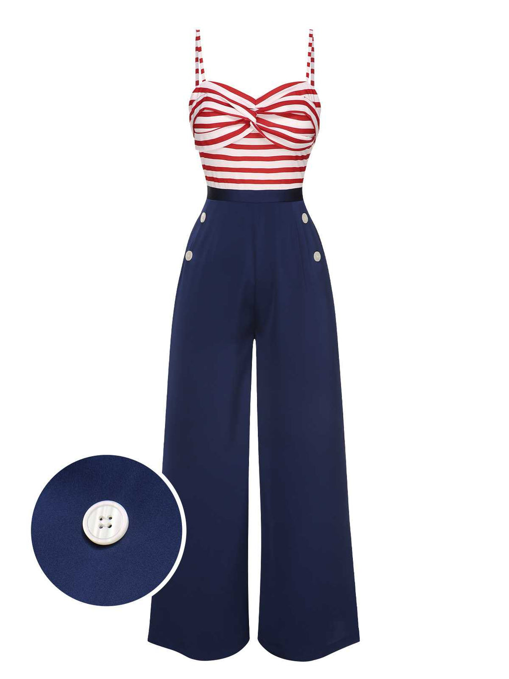 Dark blue wide-leg jumpsuit with striped bow bust and white button detail on waist