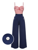 Dark blue wide-leg jumpsuit with striped bow bust and white button detail on waist