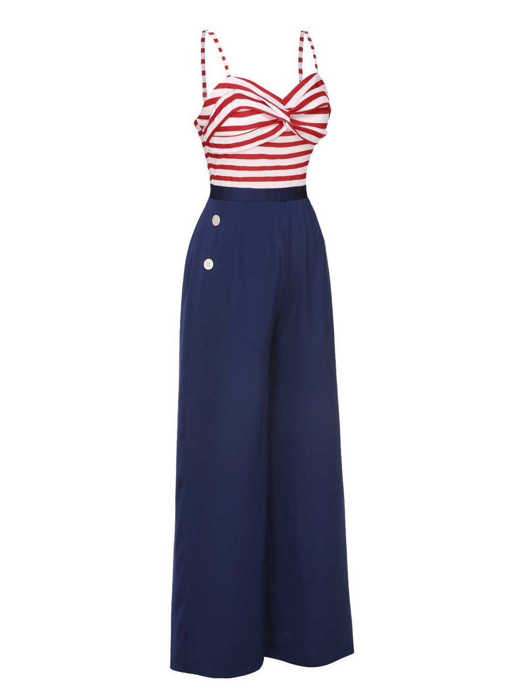 Dark blue wide-leg jumpsuit with red-and-white striped spaghetti straps sweetheart neckline