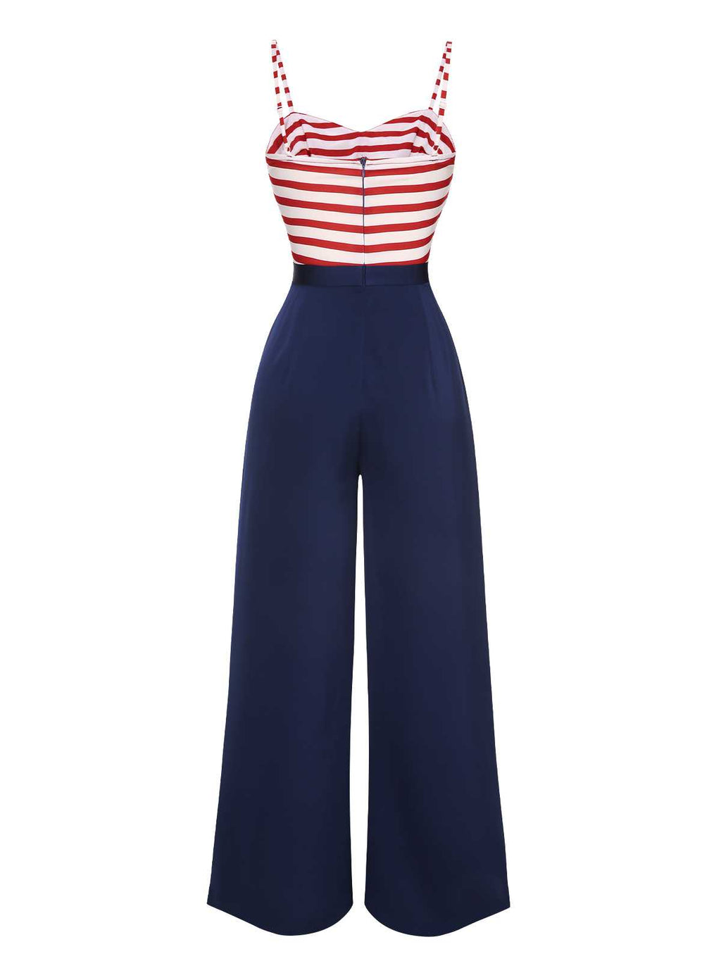 Dark blue wide-leg jumpsuit with red-and-white striped corset bodice and bow front