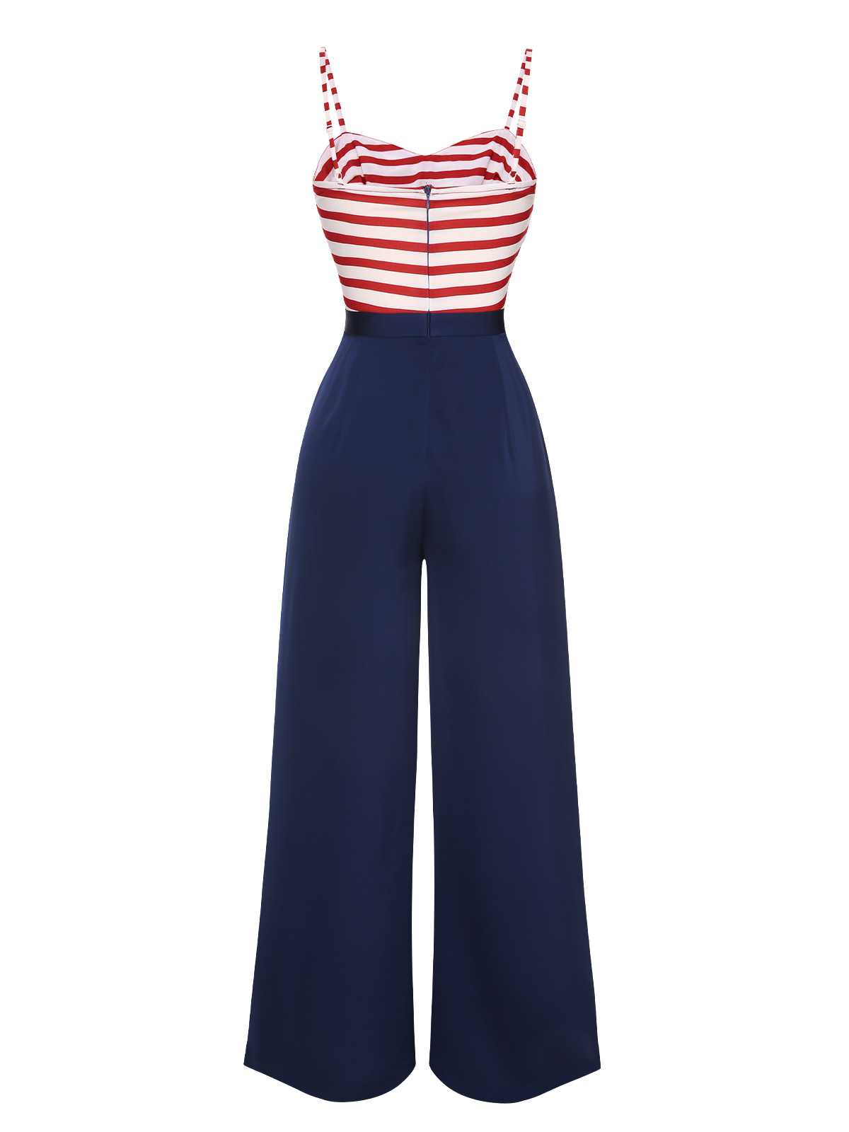 Dark blue wide-leg jumpsuit with red-and-white striped corset bodice and bow front