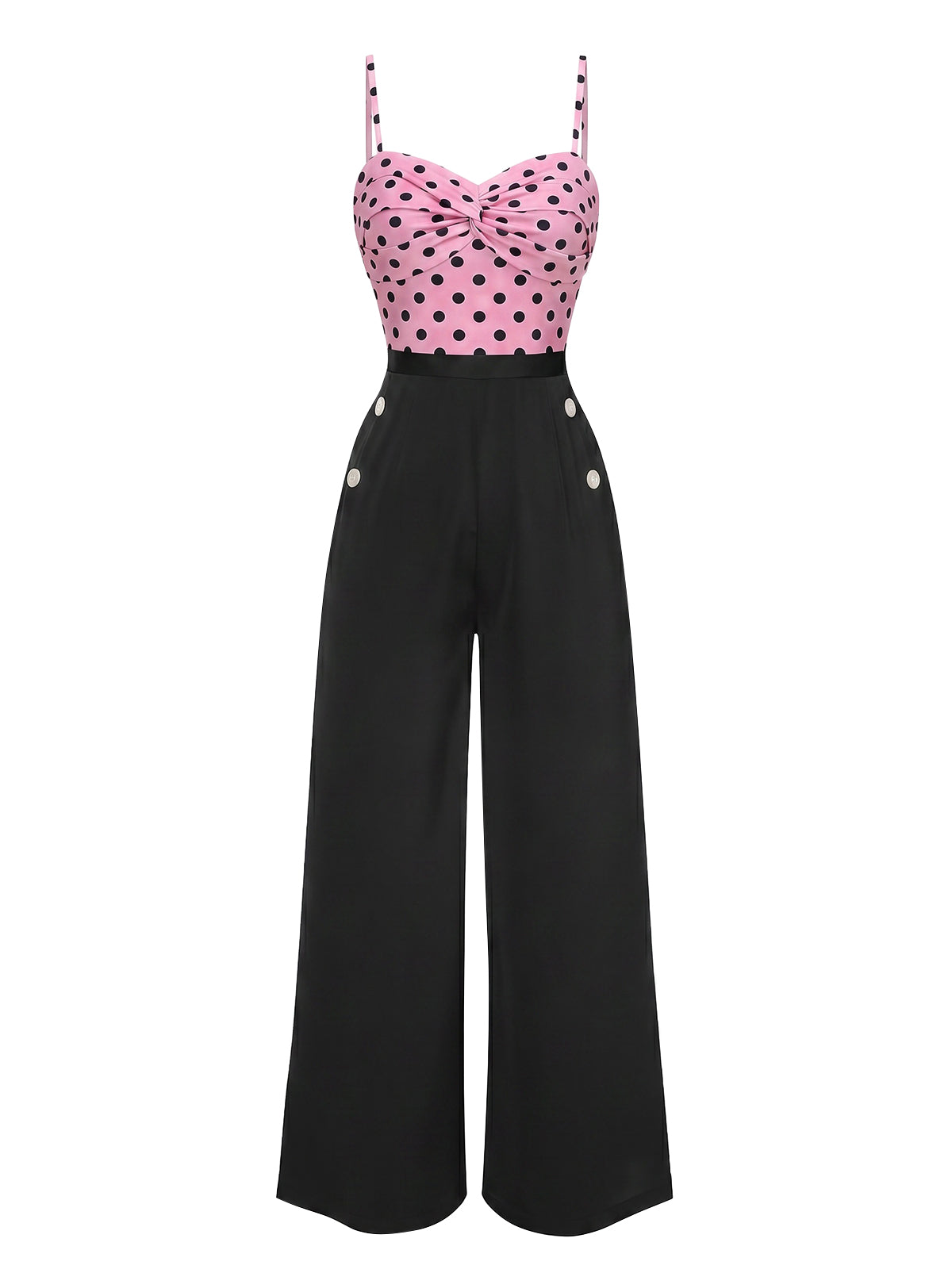Pink polka-dot wide-leg jumpsuit with black waist and bow-front striped bust