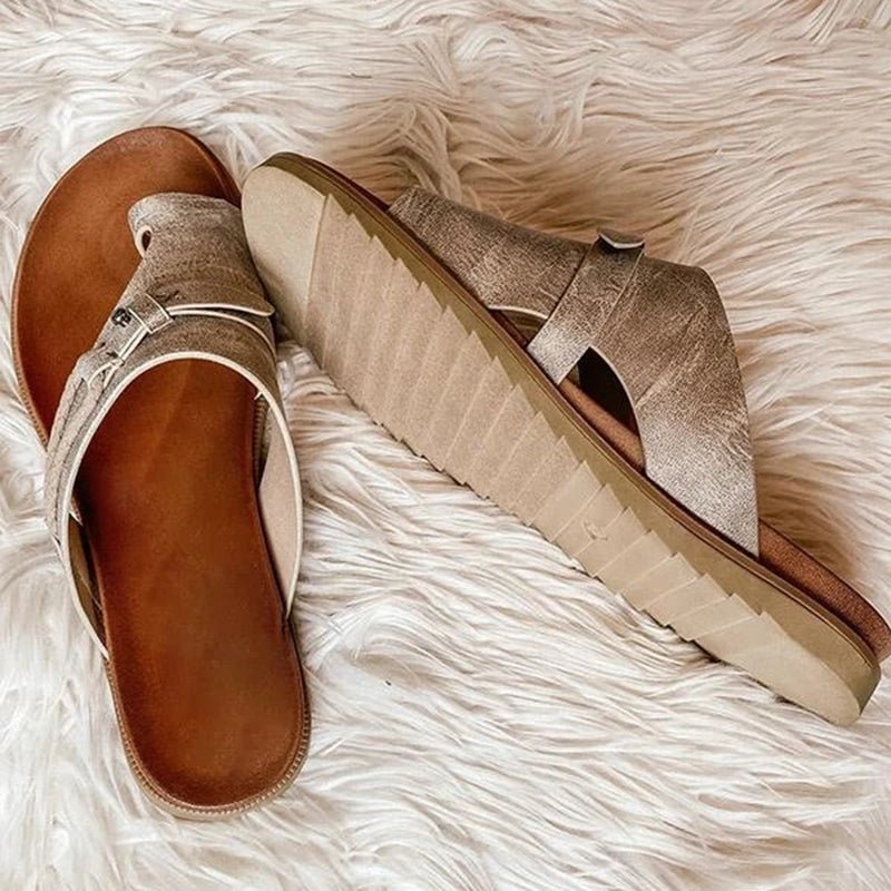 Khaki open-toe comfort sandals with adjustable strap and cushioned footbed
