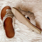 Khaki open-toe comfort sandals with adjustable strap and cushioned footbed