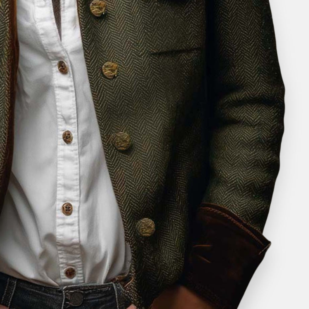 Herringbone tweed jacket with front flap pockets and gold-tone button details