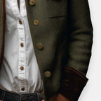 Herringbone tweed jacket with front flap pockets and gold-tone button details