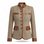 Brown tweed jacket with leather-look trim, flap pockets, and button front
