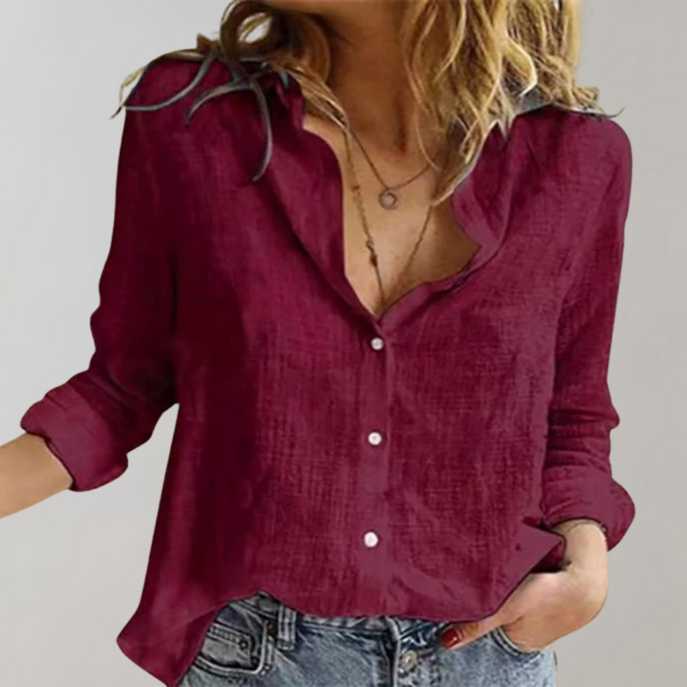 Wine red linen button-front blouse, relaxed fit, V-neck collar, long sleeves