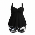 Black plus size tankini shorts set: ribbed wrap tank and floral print shorts