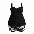 Black plus size tankini shorts set: ribbed wrap tank and floral print shorts