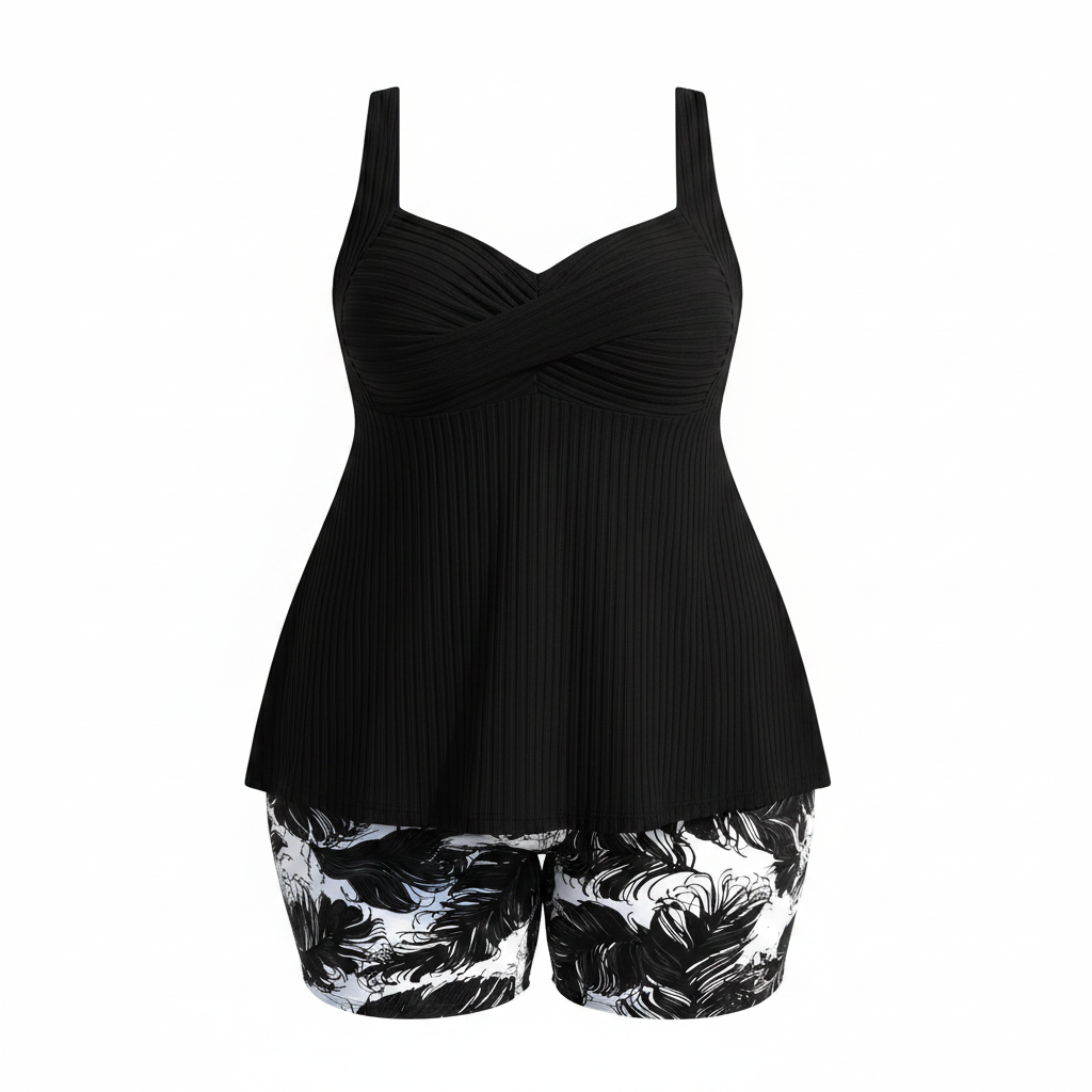 Black plus size tankini shorts set: ribbed wrap tank and floral print shorts