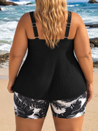 Black plus size tankini shorts set: back straps and floral print swim shorts