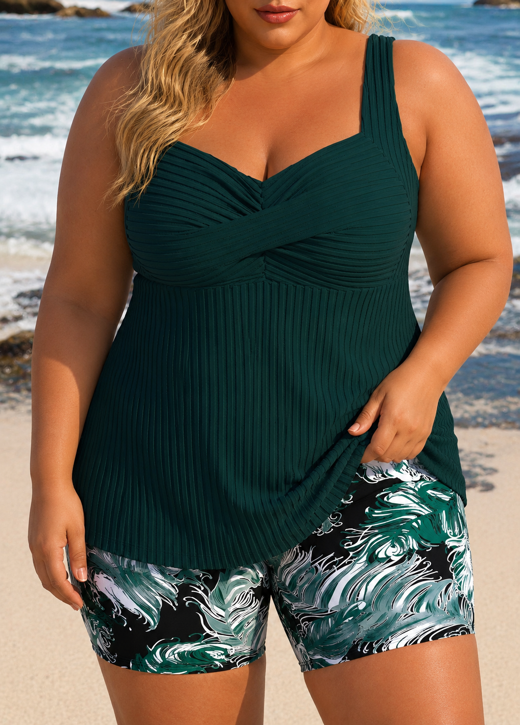 Dark green plus size tankini shorts set: ribbed wrap tank and teal floral print shorts