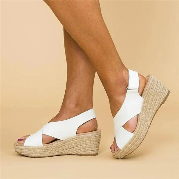 Orthopedic espadrille wedge sandals in white, cross straps on textured wedge sole