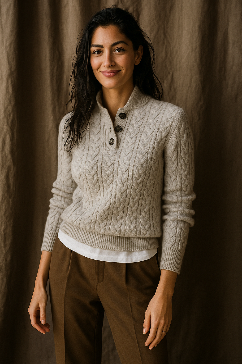 White cable-knit sweater with buttoned mock collar and ribbed hem