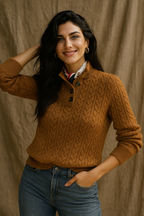 Brown cable-knit sweater with buttoned collar and ribbed wrist cuffs