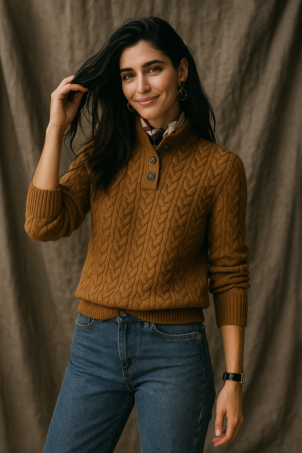 Camel-brown cable-knit sweater with button placket and ribbed neckline
