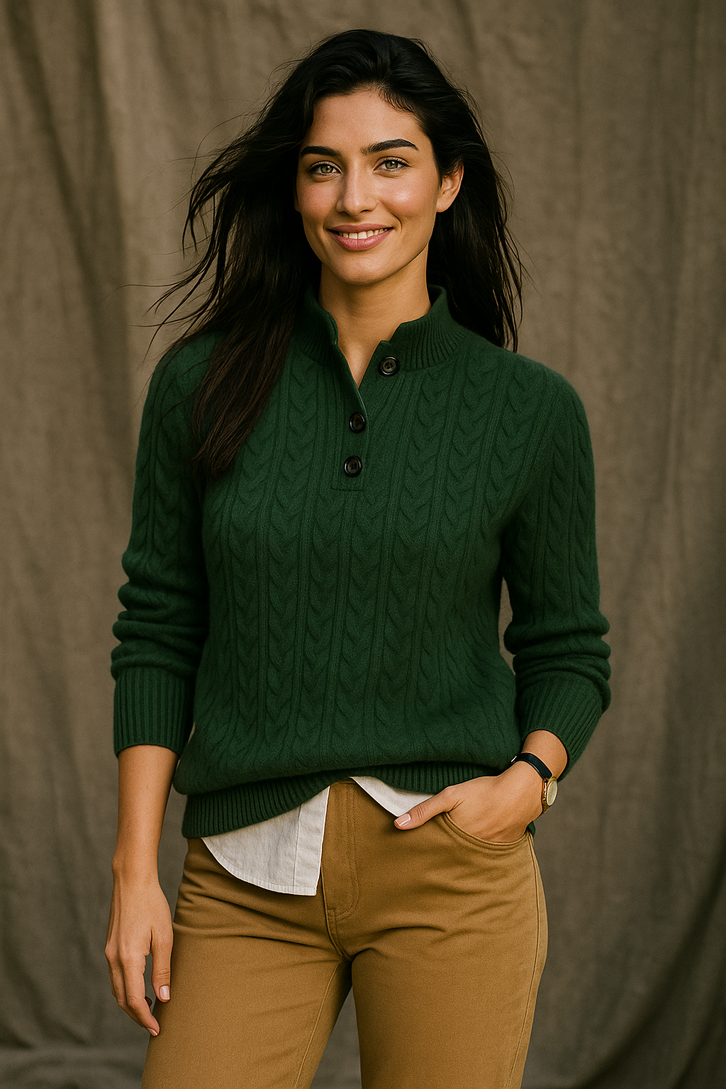 Deep green cable-knit sweater with buttoned collar and ribbed cuffs