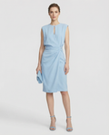 Light blue sleeveless dress with keyhole neckline and draped waist, knee length