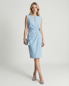 Light blue sleeveless sheath dress with keyhole neckline and twisted waist detail
