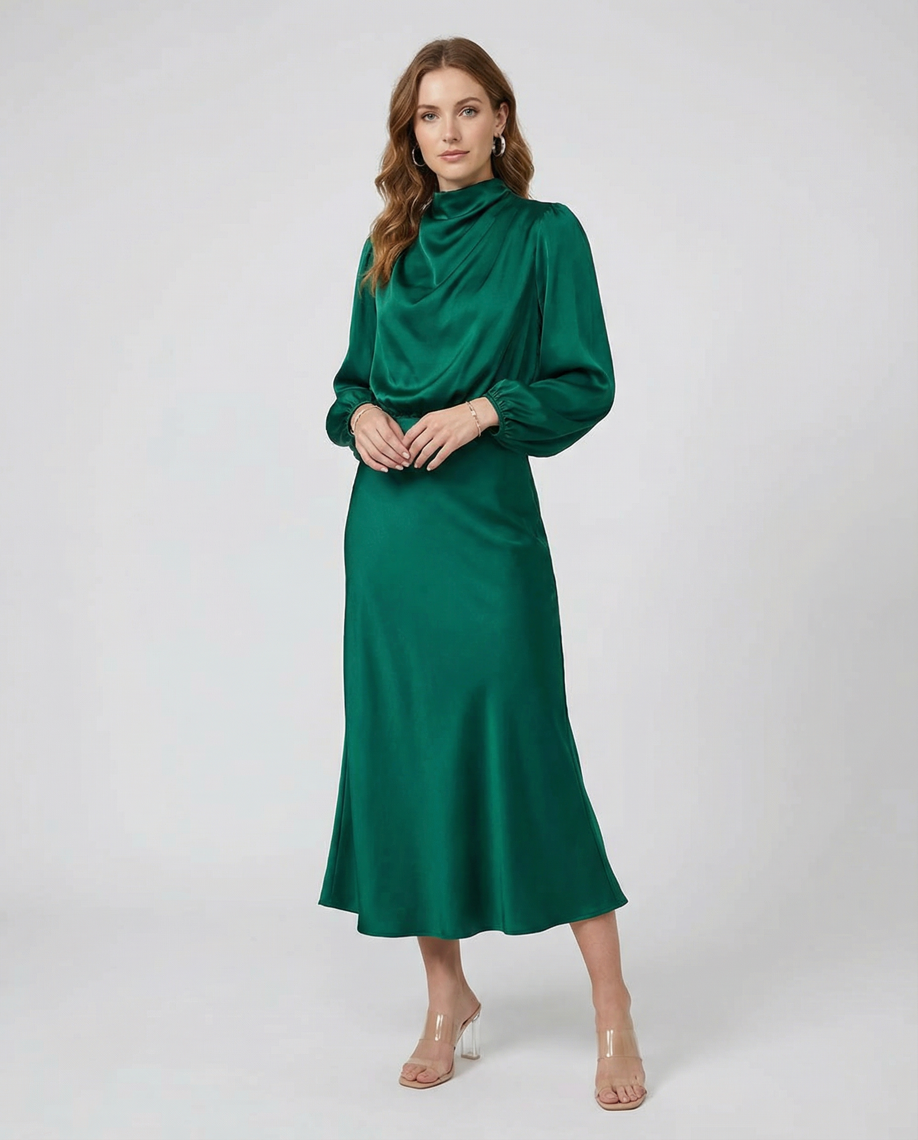 Dark green long-sleeve satin midi dress with high neck and gathered waist