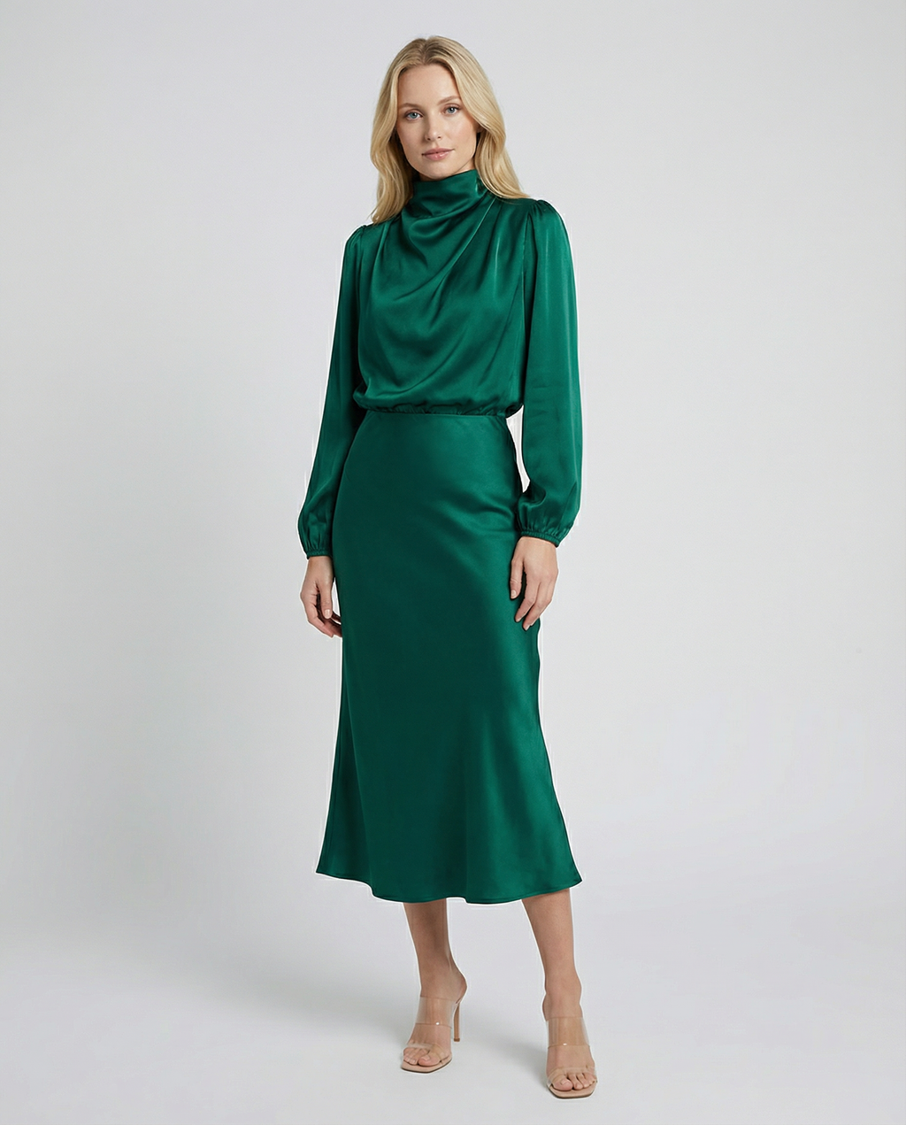 Green long-sleeve satin midi dress with high neck and fitted, flared skirt
