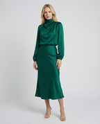 Green long-sleeve satin midi dress with high neck and fitted, flared skirt